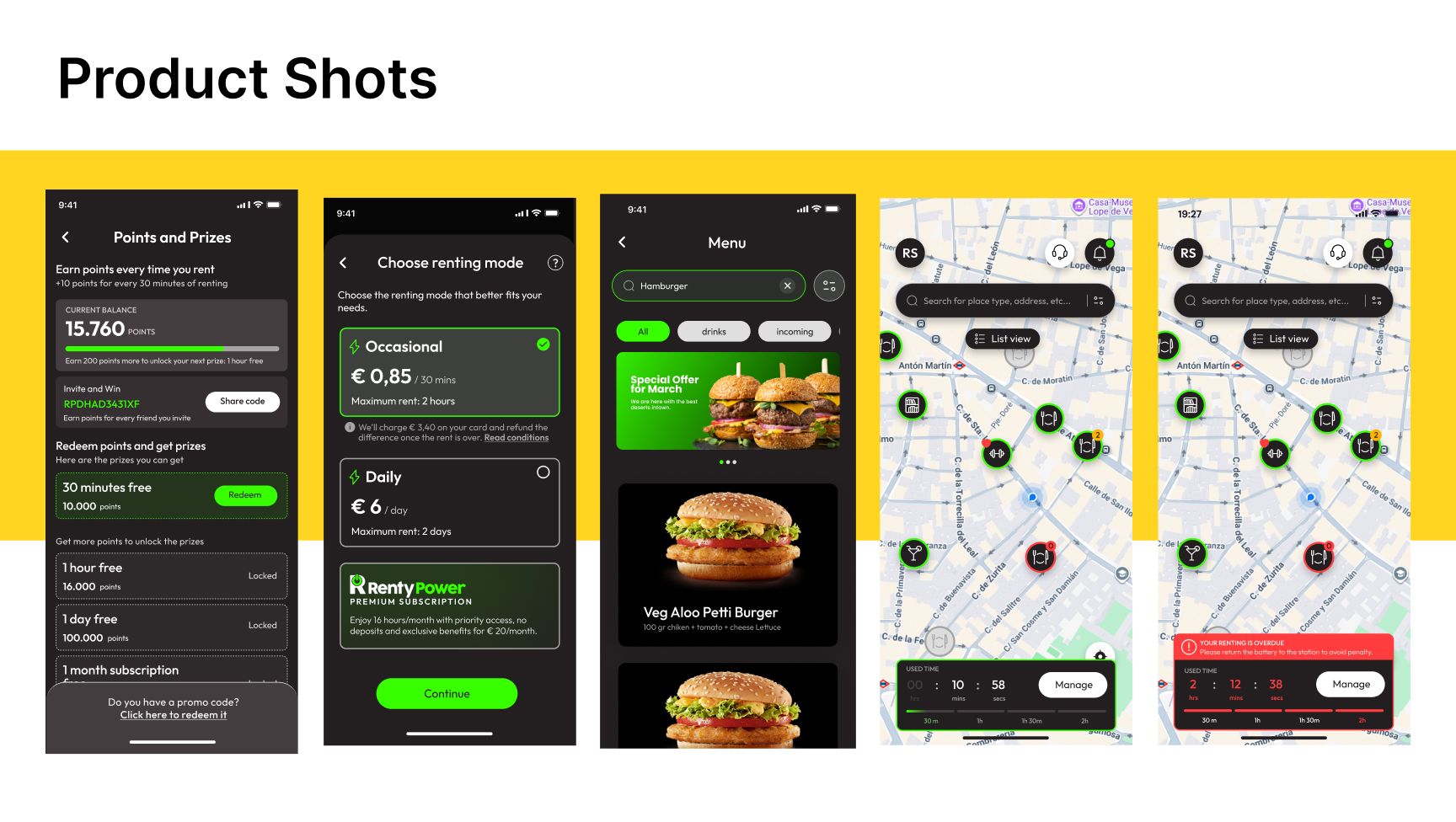 Renty Power app screens