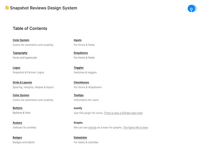 Snapshot Reviews Design System Table of Contents
